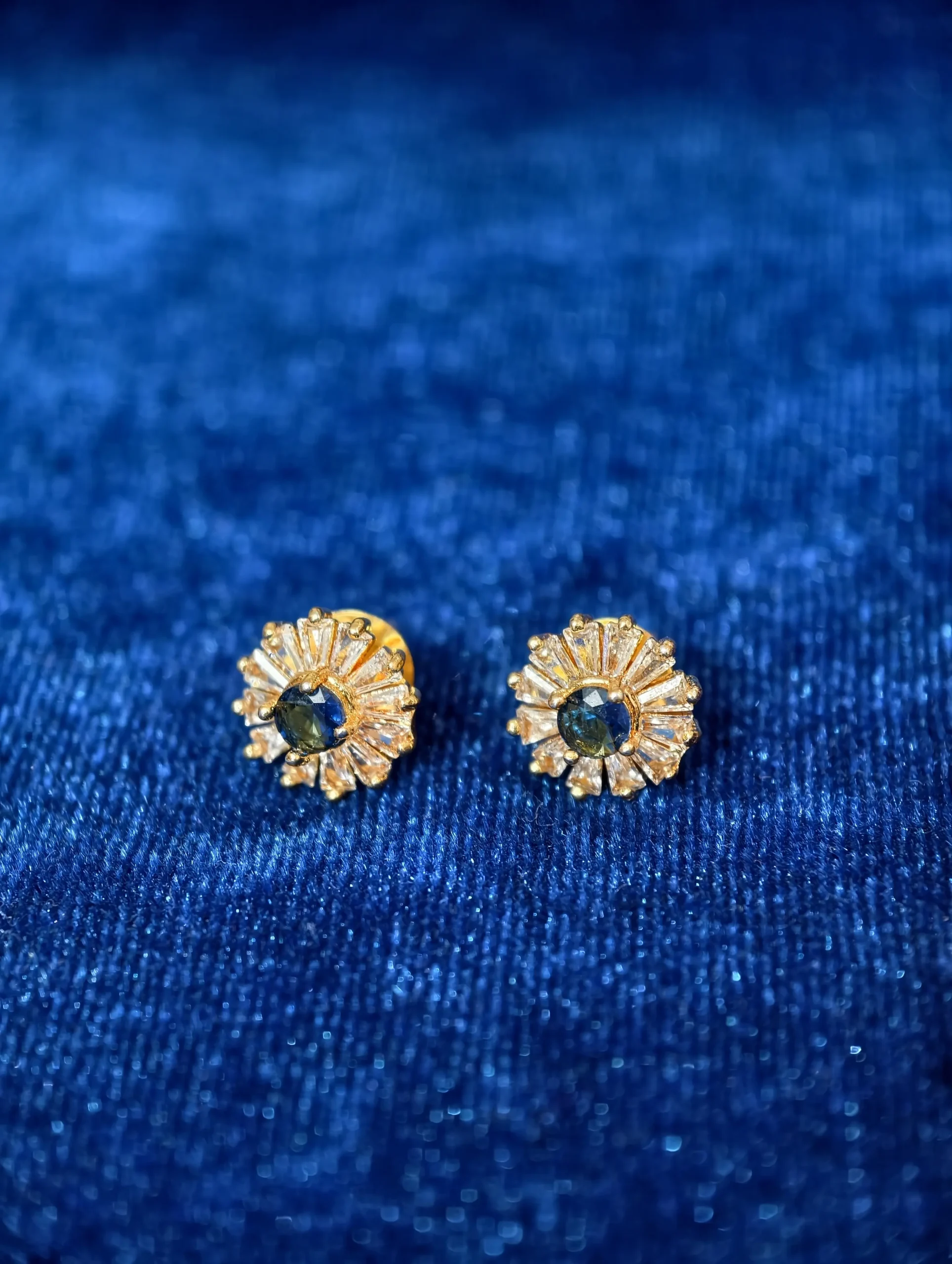 Blue Stone Sunburst Stud Earrings